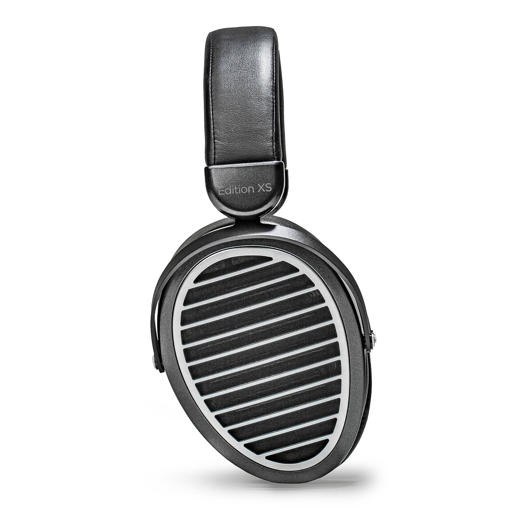 Close-up of the HIFIMAN Edition XS open-back planar magnetic headphone earcup with black leather headband
