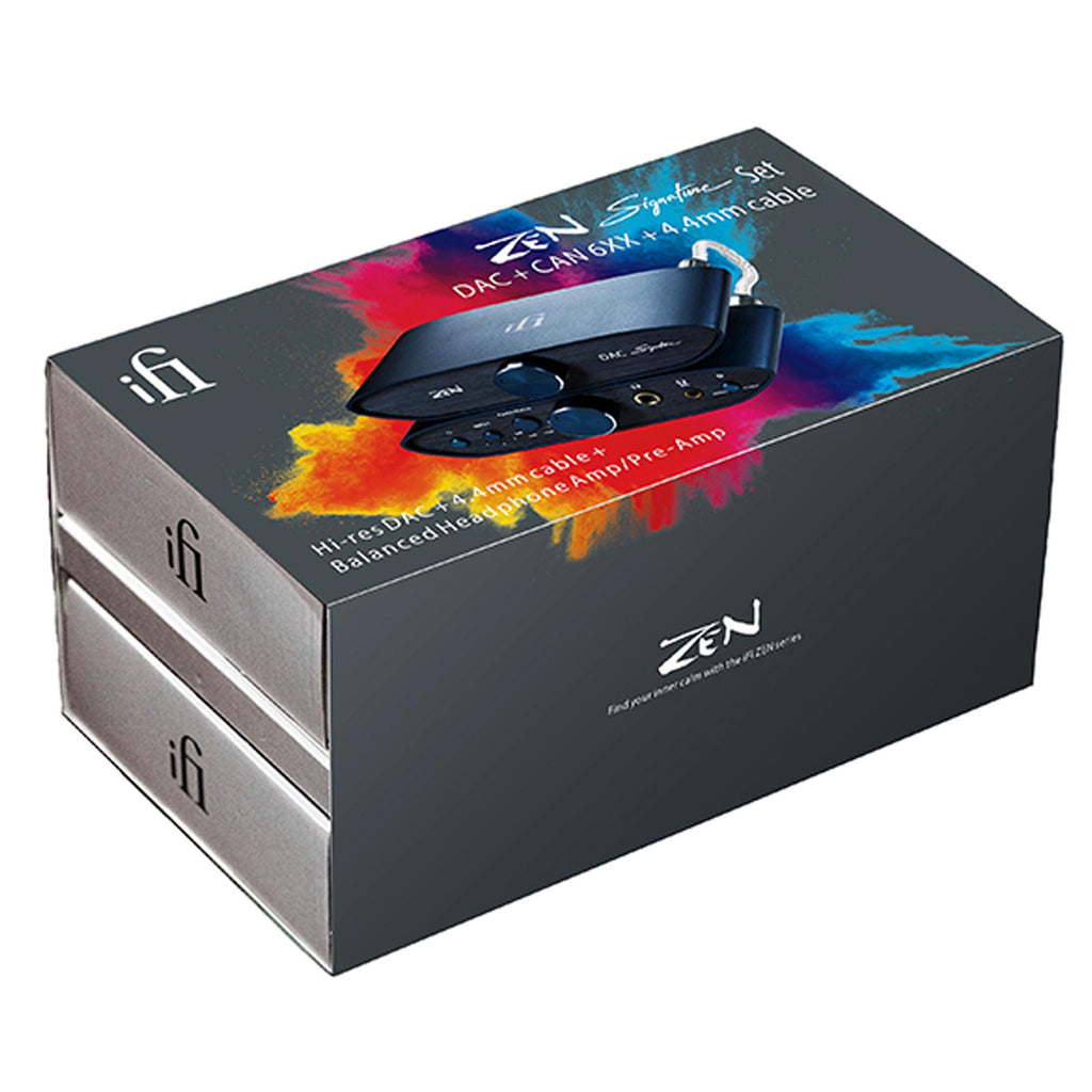 Packaging box of iFi Audio ZEN Signature Set 6XX showing vibrant color splash and product image on dark background