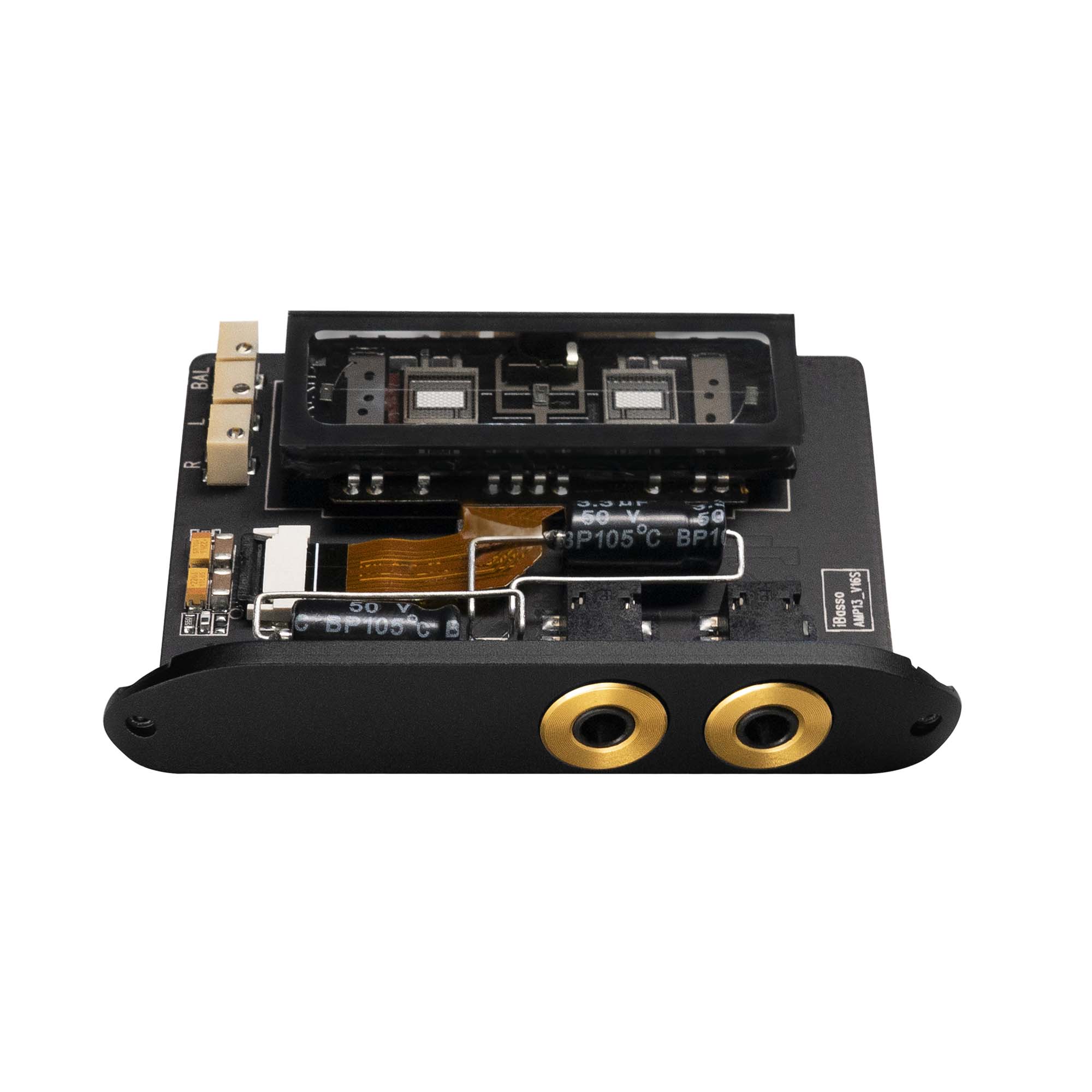 iBasso AMP13 Module for DX300, DX320 showing vacuum tube and dual gold headphone jacks on black circuit board