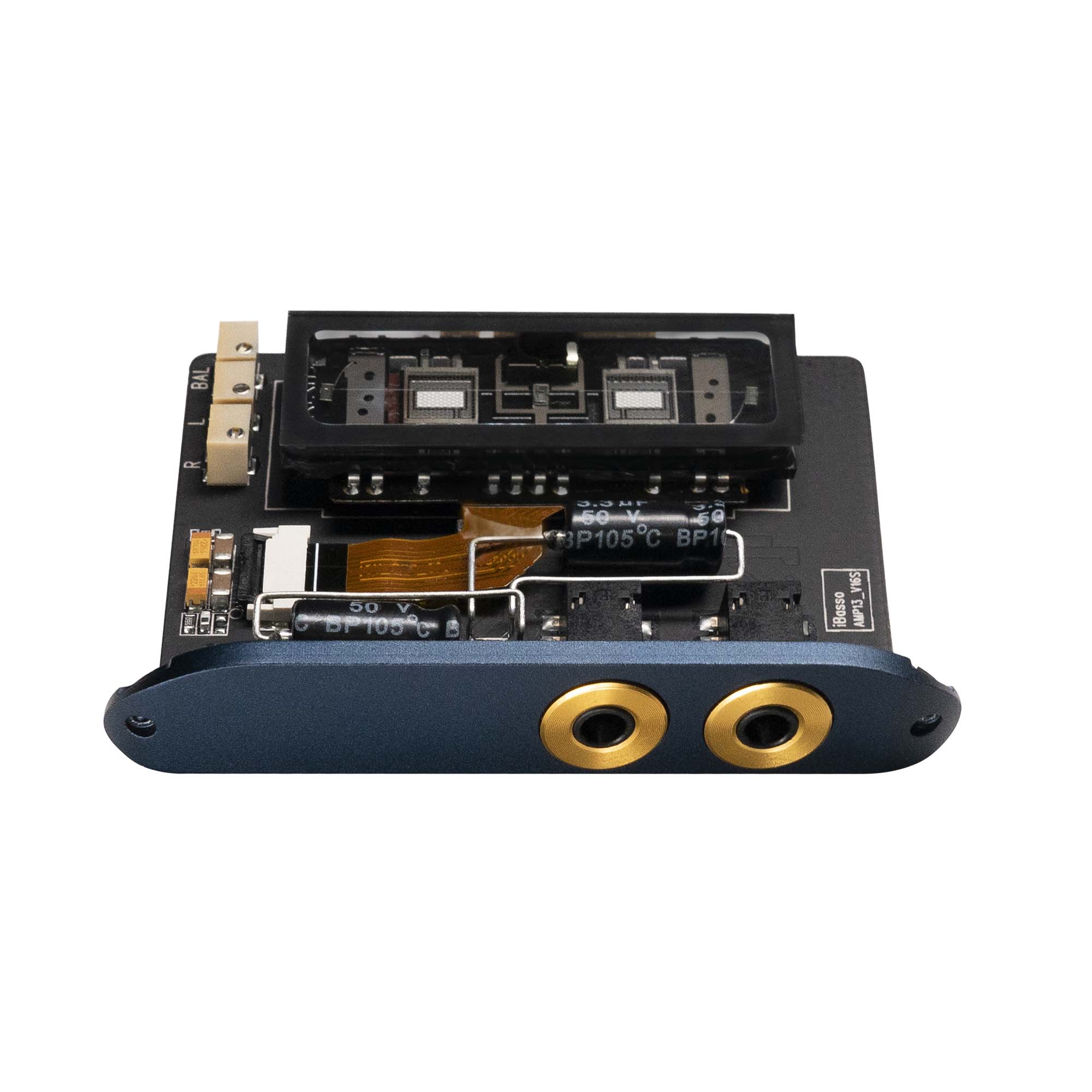 iBasso AMP13 Module for DX300, DX320 with dual gold headphone jacks and visible 6th GEN KORG Nutube vacuum tubes