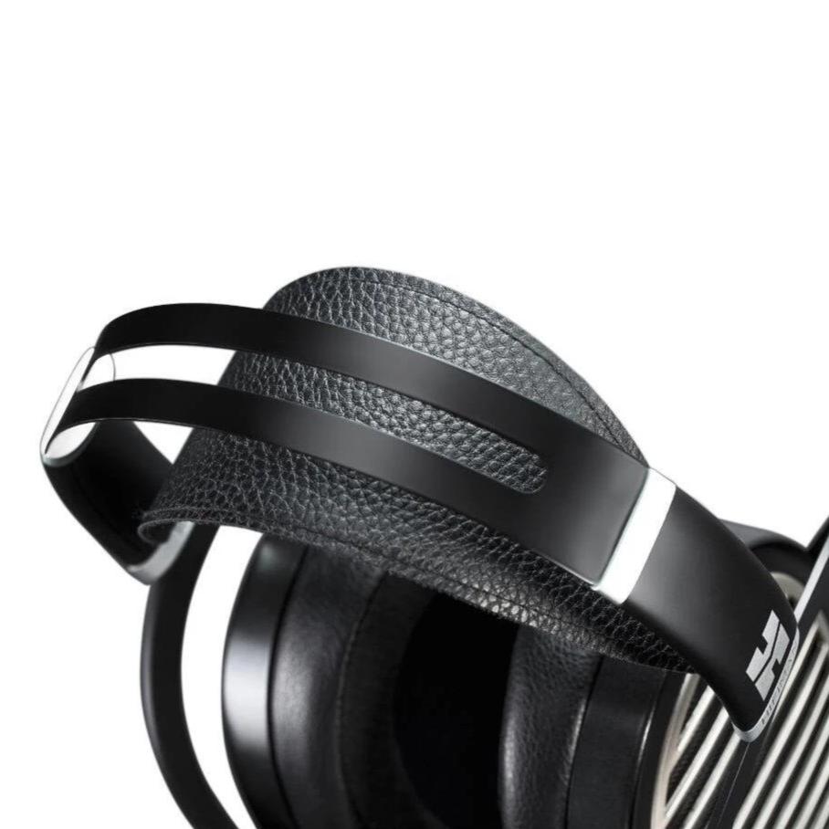 Close-up of black HIFIMAN Ananda Stealth Edition planar magnetic headphones with leather headband and ear cushions