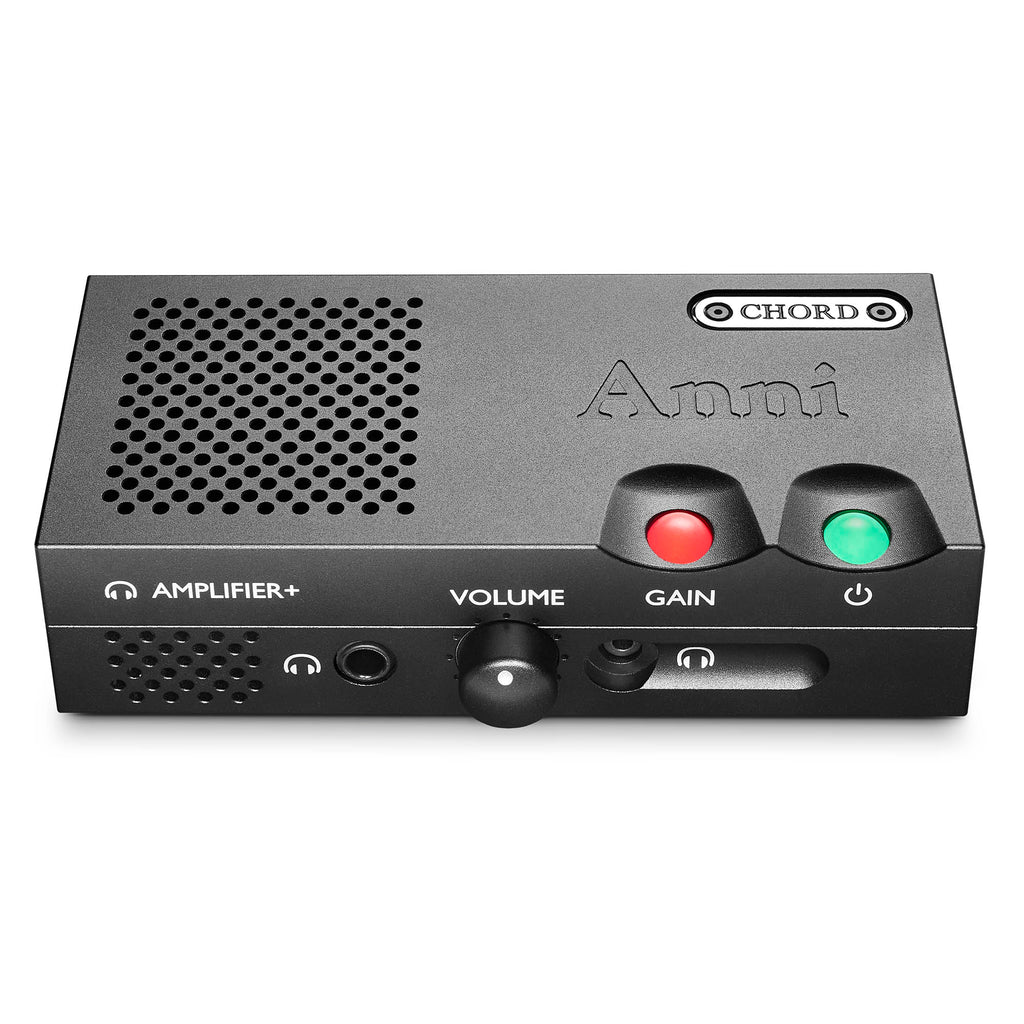 Chord Anni Desktop Amplifier with volume knob, gain and power buttons, headphone jack, and ventilation holes on gray casing