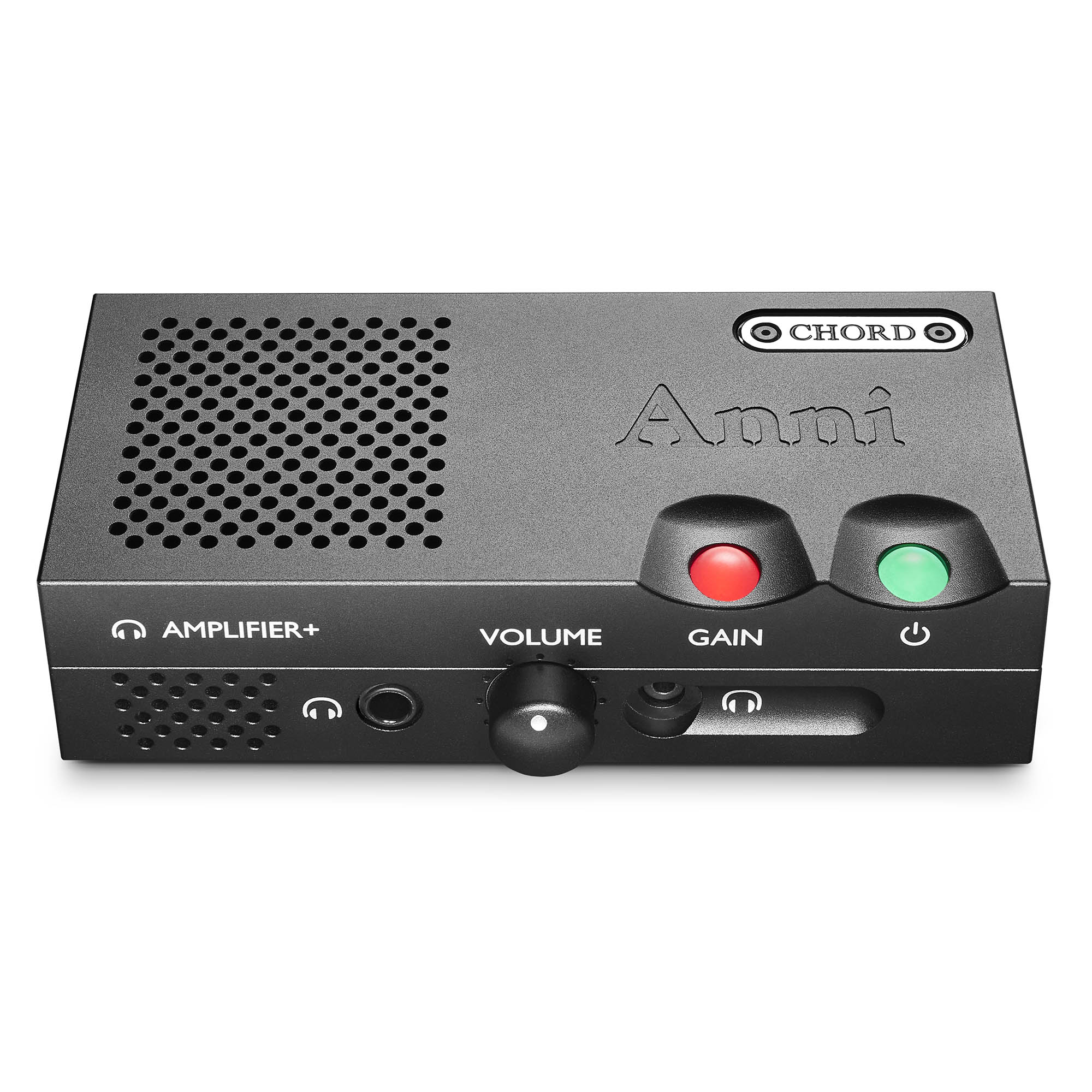 Chord Anni Desktop Amplifier with volume knob, gain and power buttons, headphone jack, and ventilation holes on gray casing