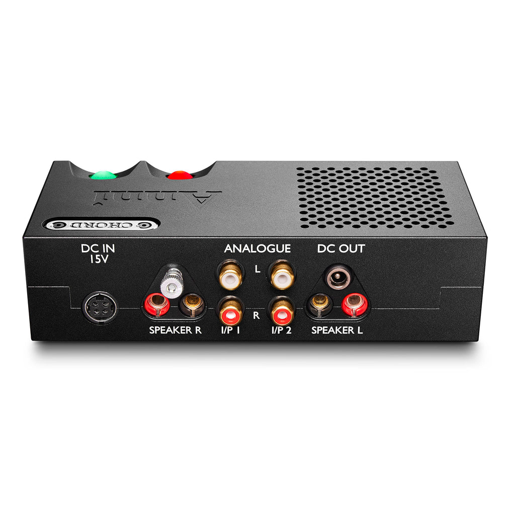 Rear view of the Chord Anni Desktop Amplifier showing analogue inputs, speaker connections, and power ports on a white background