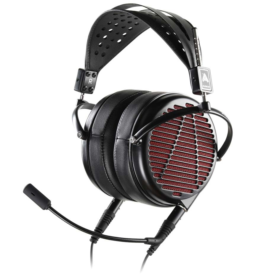 Audeze LCD-GX open-back planar magnetic gaming headphones with black and red design and detachable microphone on white background