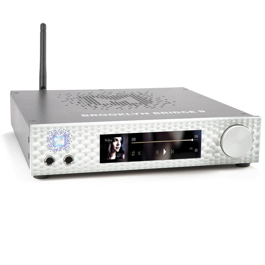 Mytek Brooklyn Bridge II ROON digital audio streamer with display screen, control knob, and wireless antenna on white background