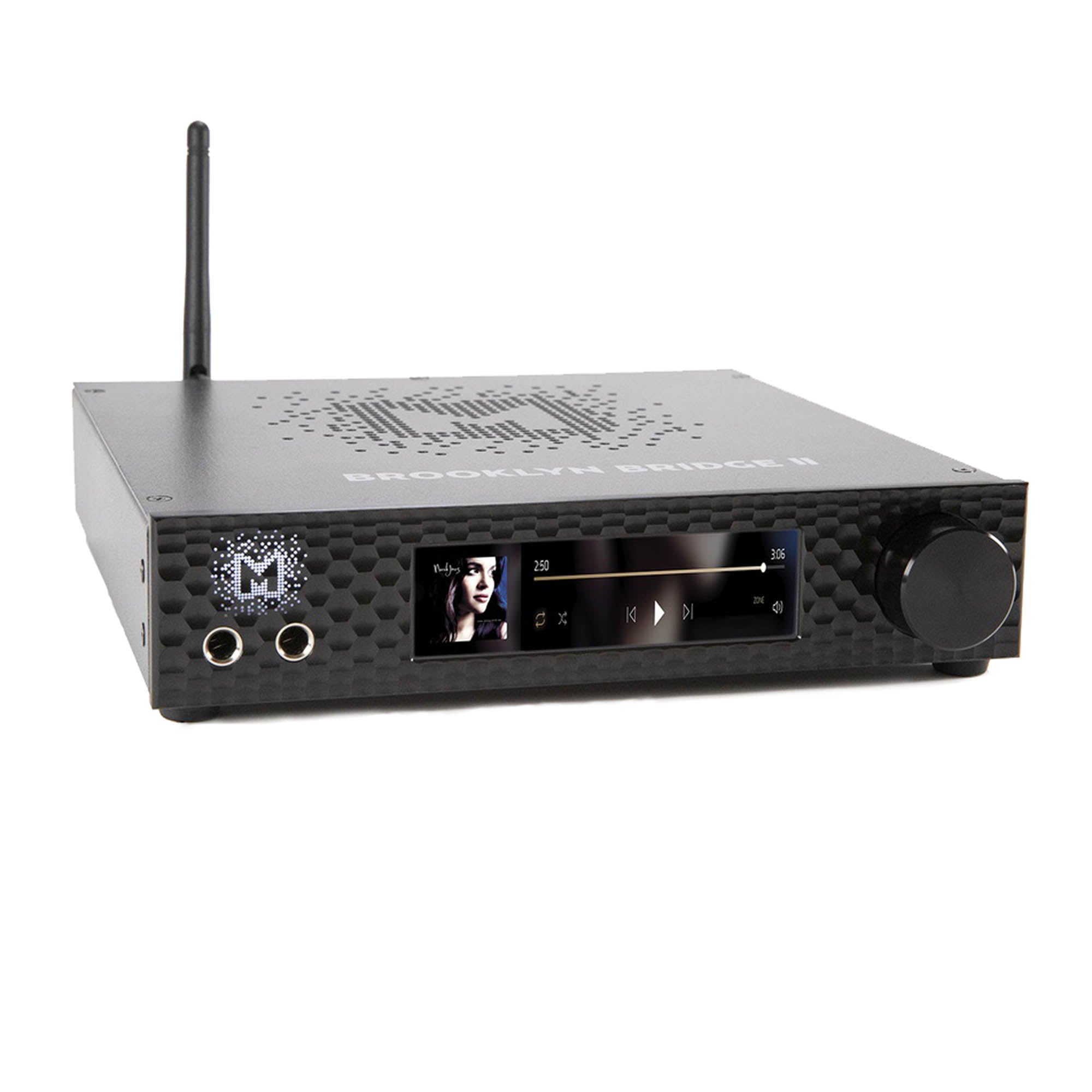 Mytek Brooklyn Bridge II ROON digital music streamer and DAC with touchscreen and headphone outputs on white background