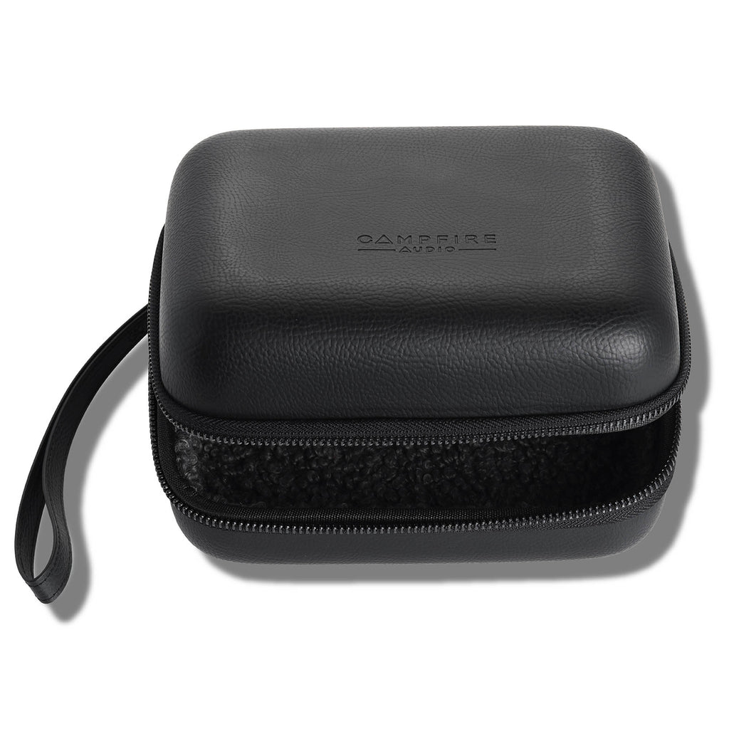 Black zippered carrying case with embossed Campfire Audio logo and wrist strap for Campfire Cascade headphones