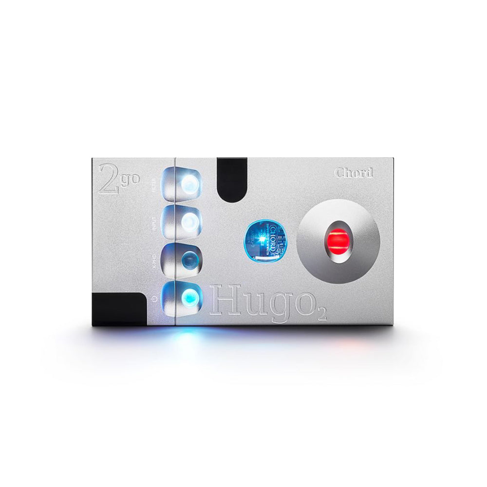 Front view of the silver Chord 2Go Wireless Streamer with illuminated buttons and glowing indicator lights on white background