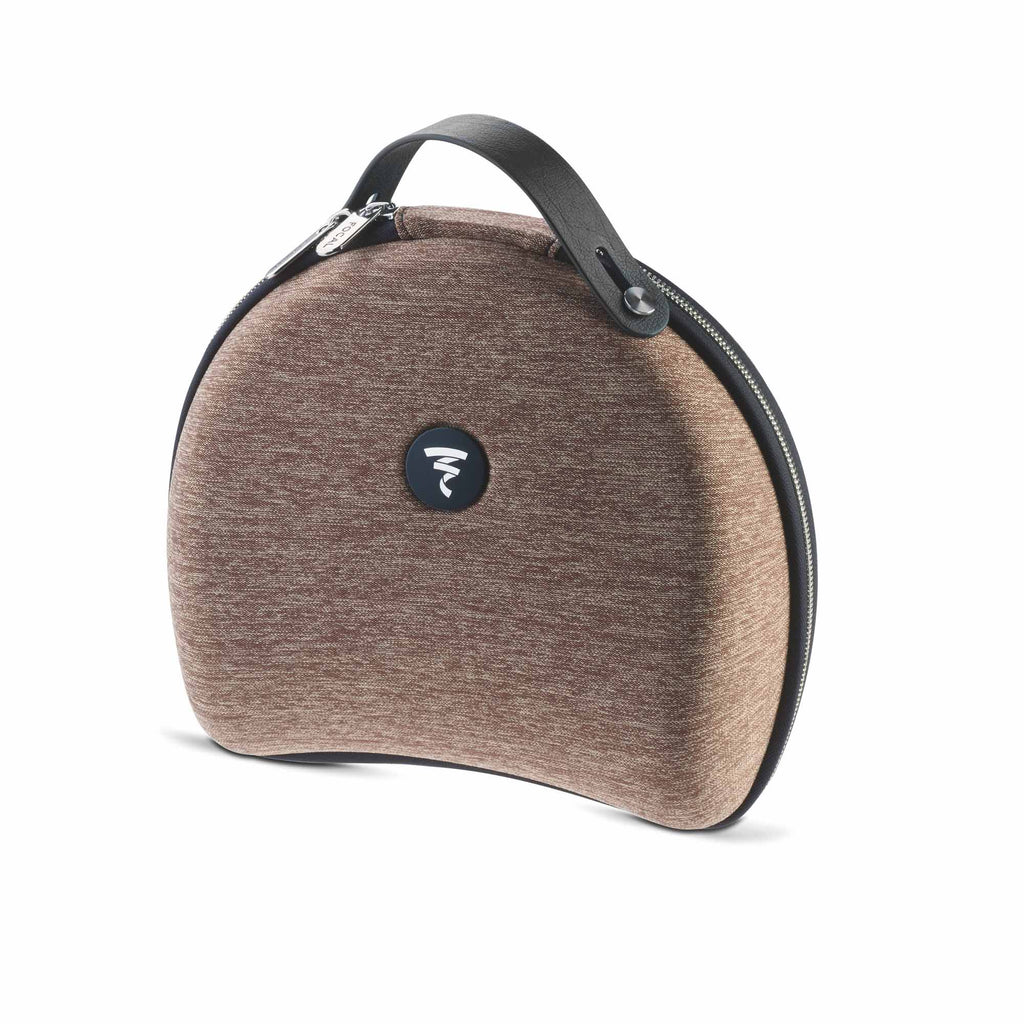 Brown fabric carrying case with black leather handle and zipper for the Focal Clear MG Open-Back Headphone