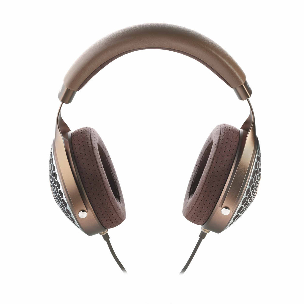 Focal Clear MG Open-Back Headphone with brown cushioned ear pads and honeycomb grille on white background