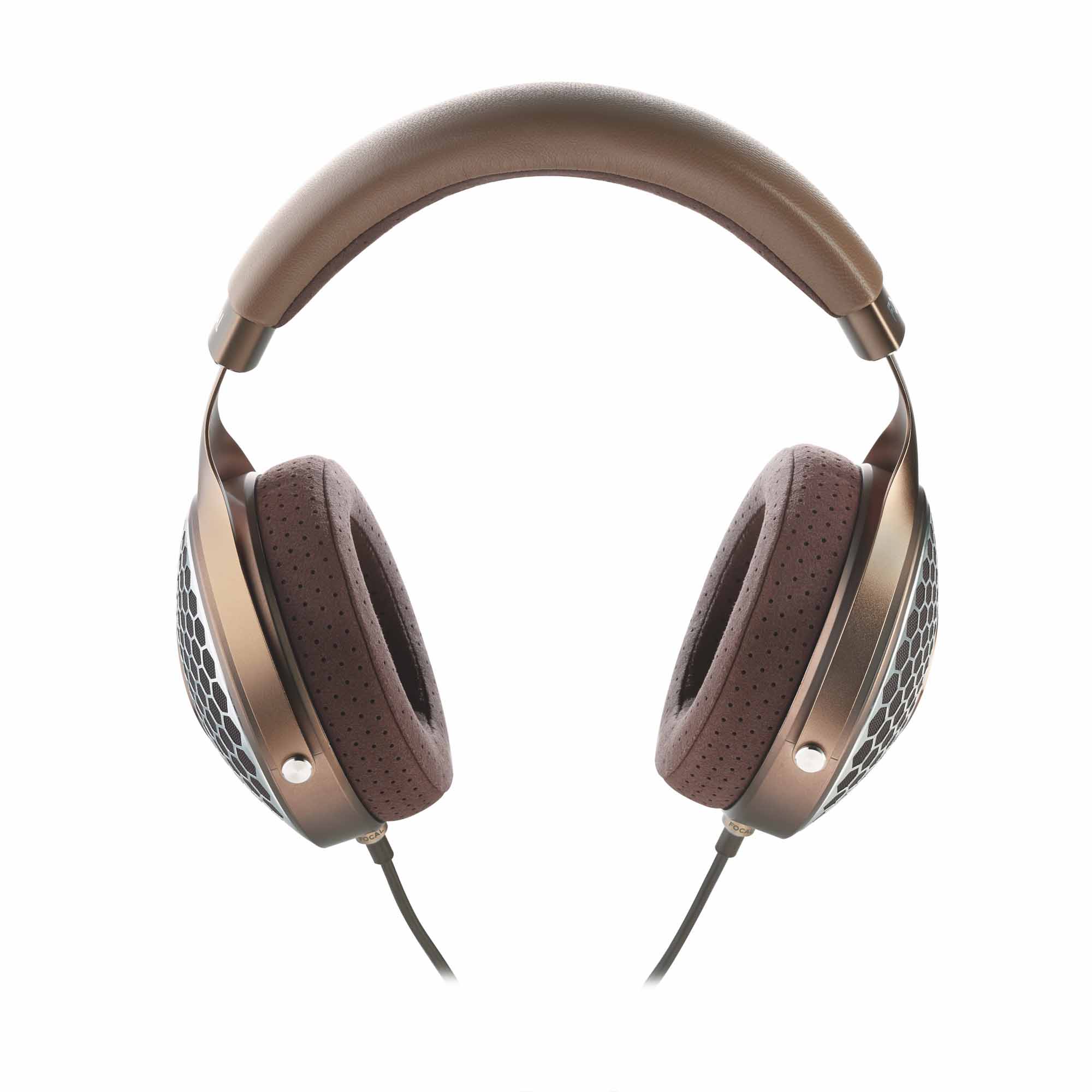 Focal Clear MG Open-Back Headphone with brown cushioned ear pads and honeycomb grille on white background