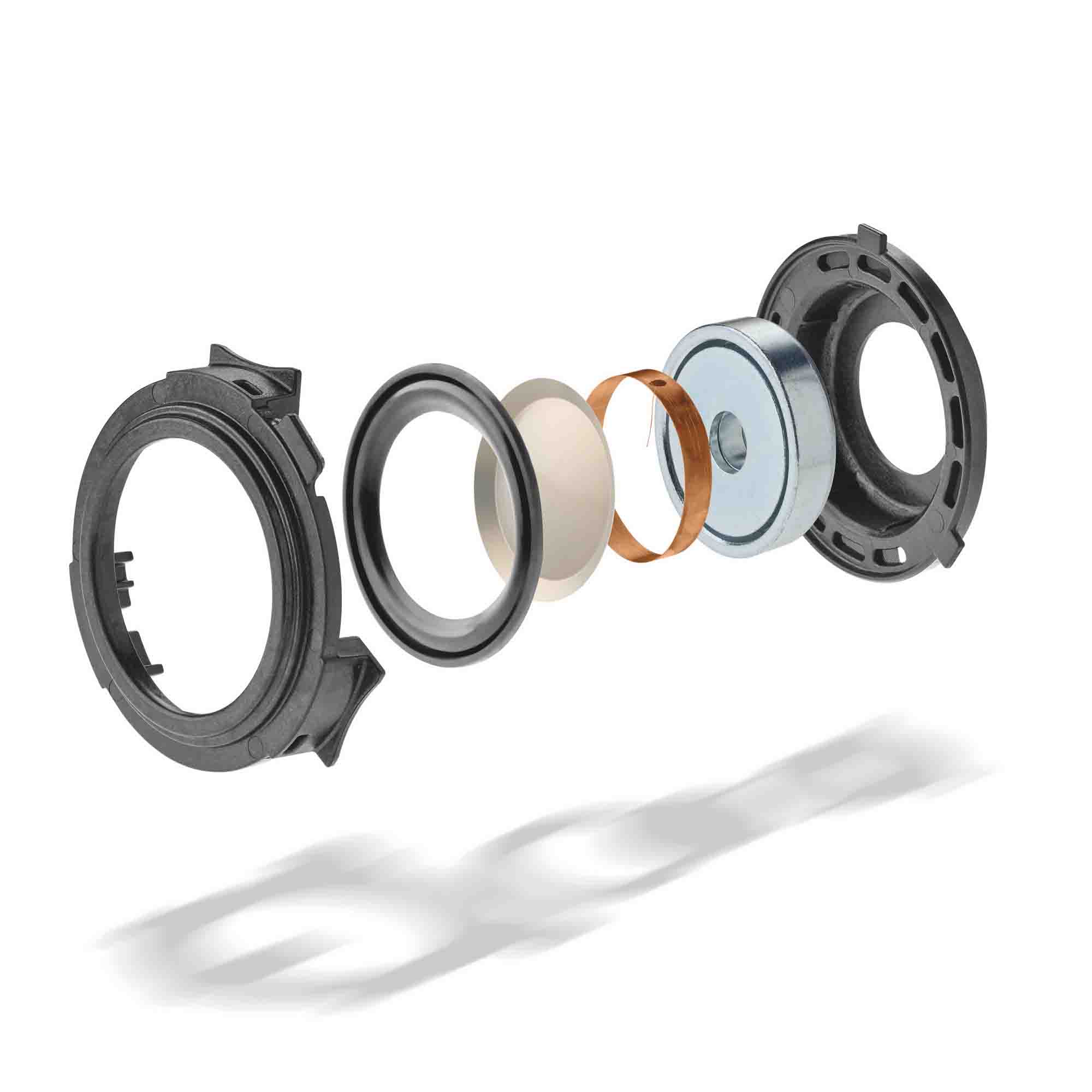 Exploded view of Focal Clear MG Open-Back Headphone driver components showcasing magnesium dome and internal parts