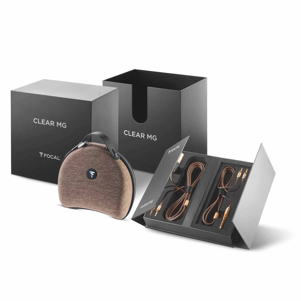 Focal Clear MG Open-Back Headphone packaging with carrying case and multiple brown cables on a white background