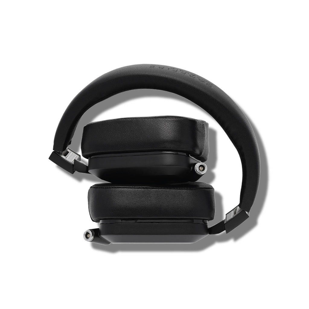 Folded Campfire Cascade closed back headphones with black leather ear pads and headband on white background