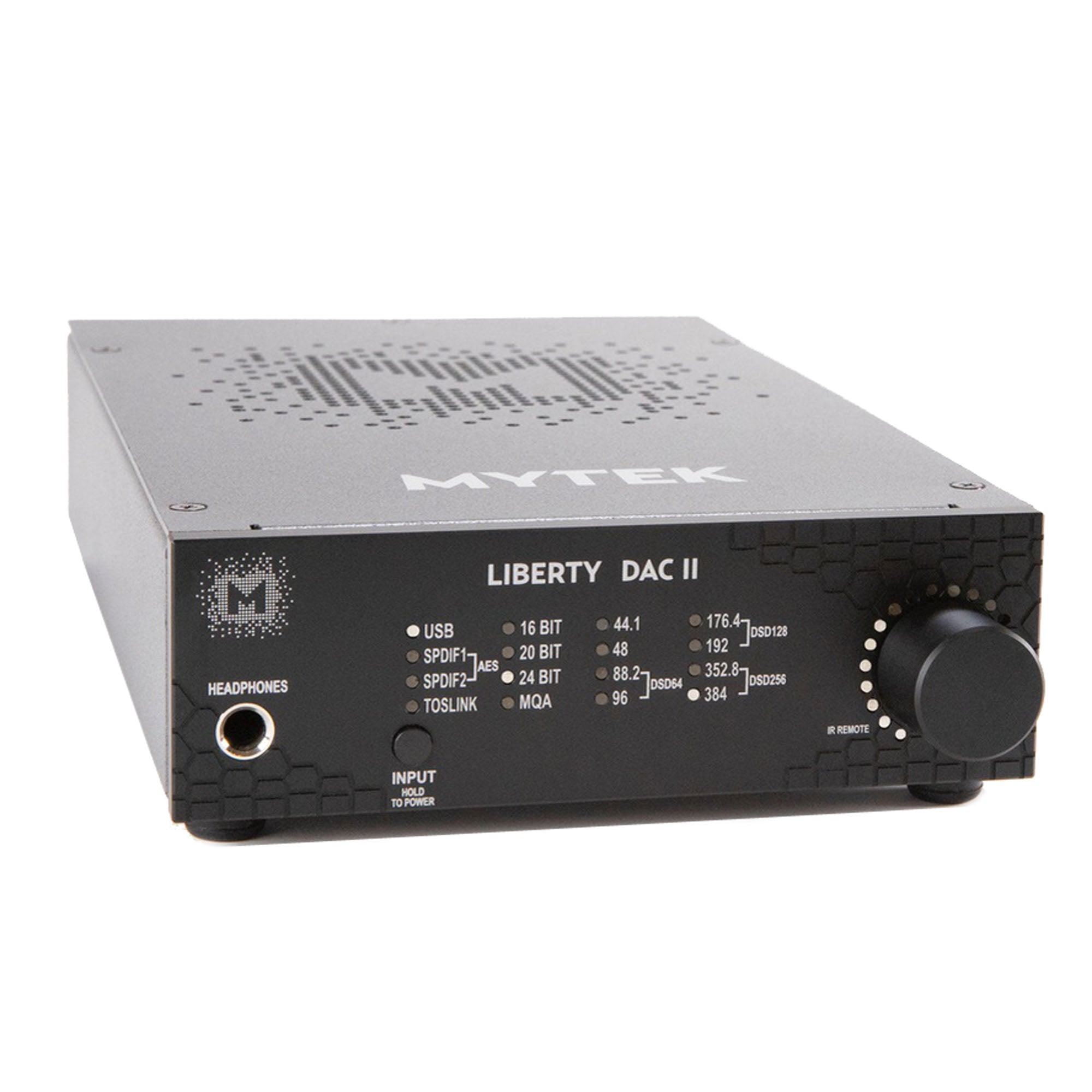Mytek Liberty DAC II - DAC Headphone Amplifier with headphone jack, volume knob, and digital input indicators on black panel