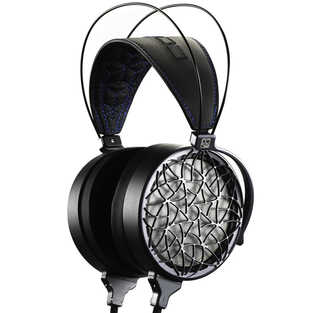 Dan Clark Audio Corina Reference Electrostatic Headphone with black frame and patterned open-back ear cups on white background