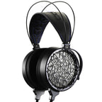 Dan Clark Audio Corina Reference Electrostatic Headphone with black frame and patterned open-back ear cups on white background