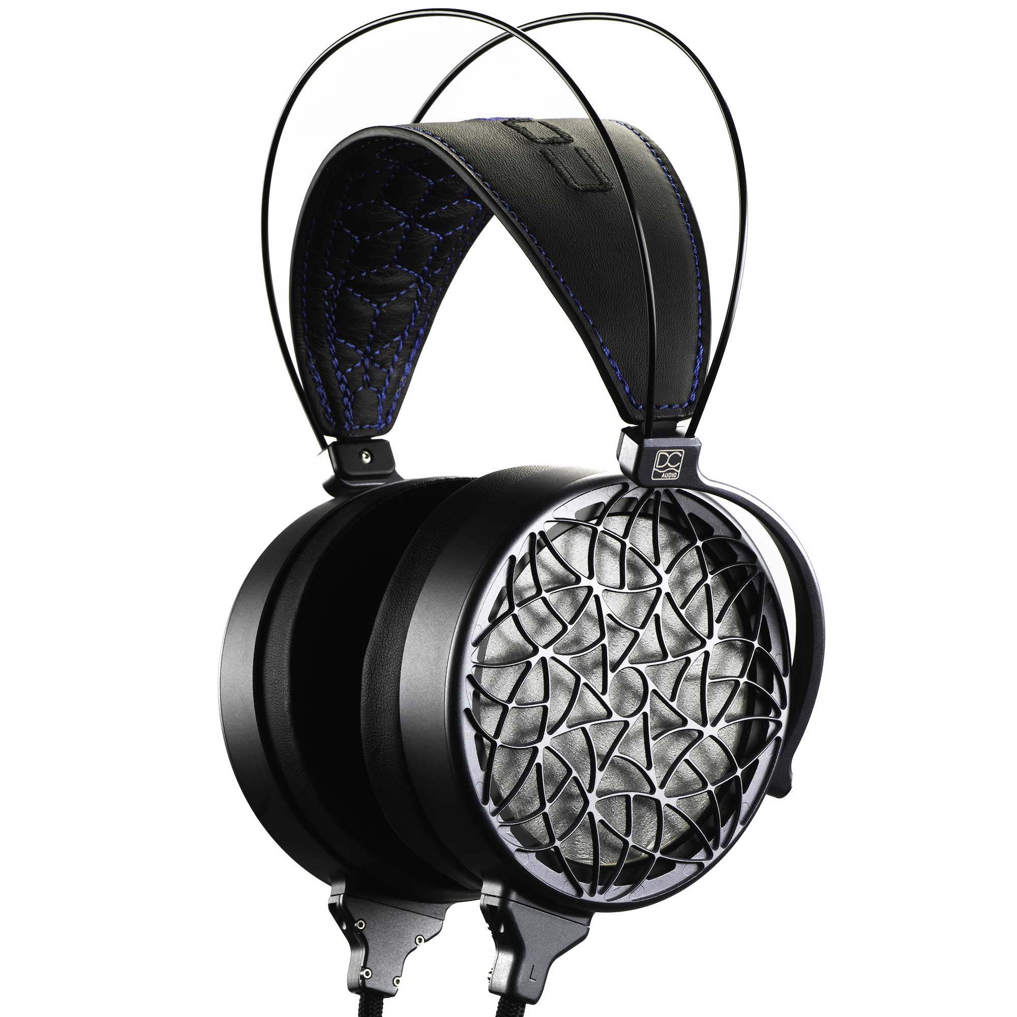 Dan Clark Audio Corina Reference Electrostatic Headphone with black frame and patterned open-back ear cups on white background