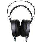Front view of Dan Clark Audio Corina Reference Electrostatic Headphone with black ear cups and padded headband on white background