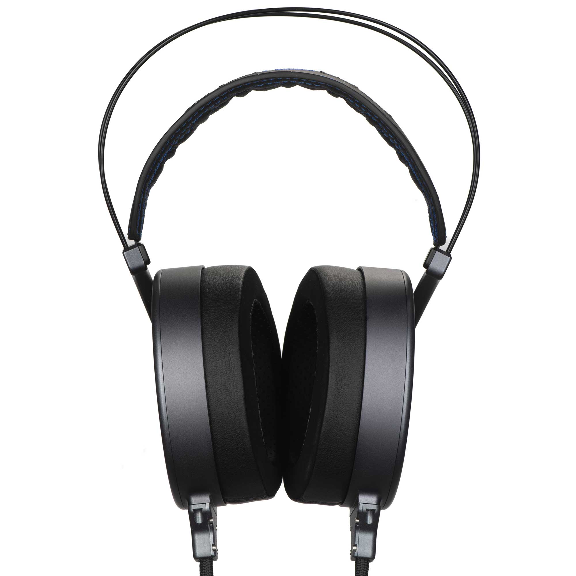 Front view of Dan Clark Audio Corina Reference Electrostatic Headphone with black ear cups and padded headband on white background