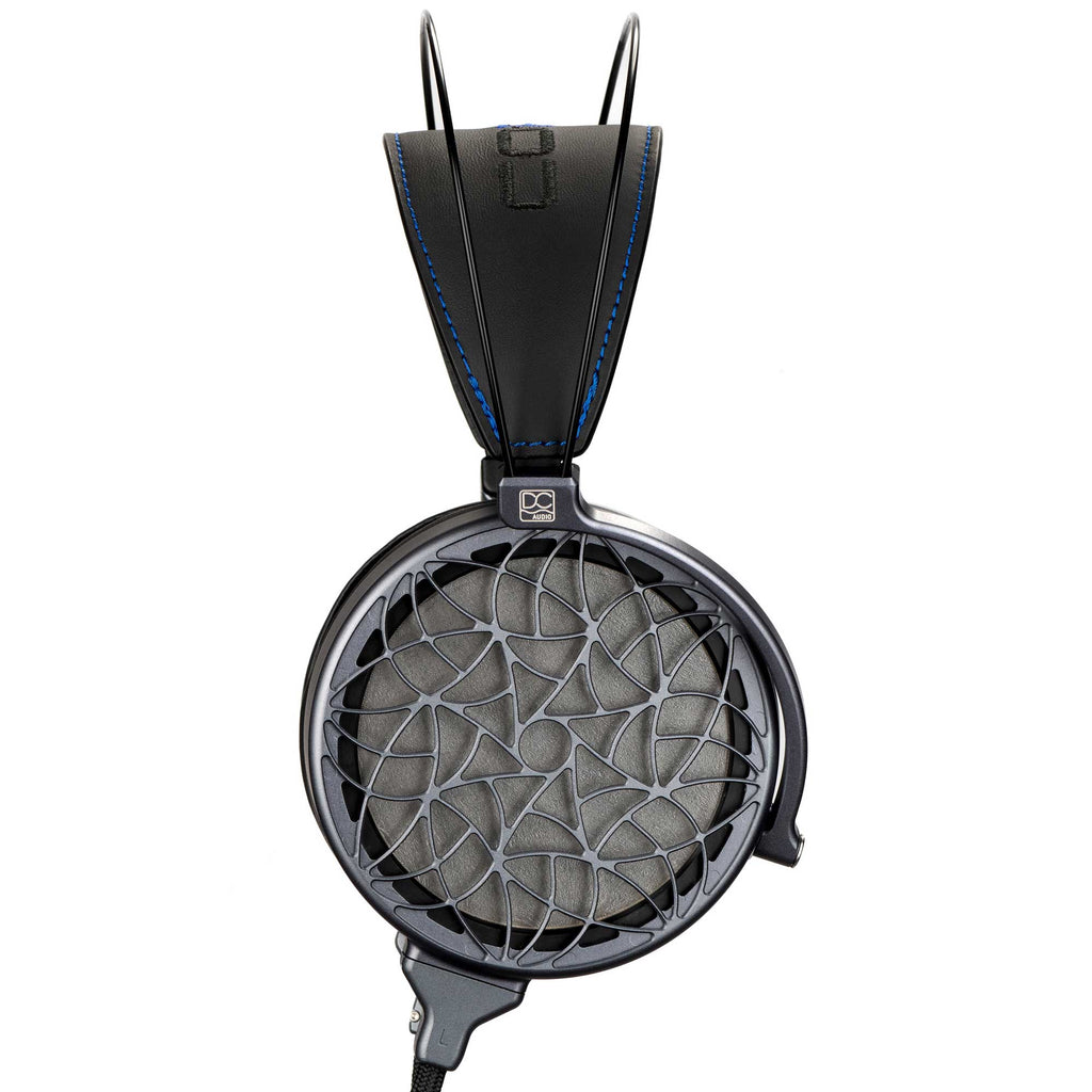 Dan Clark Audio Corina Reference Electrostatic Headphone with black frame and unique geometric open back design close-up view