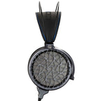 Dan Clark Audio Corina Reference Electrostatic Headphone with black frame and unique geometric open back design close-up view