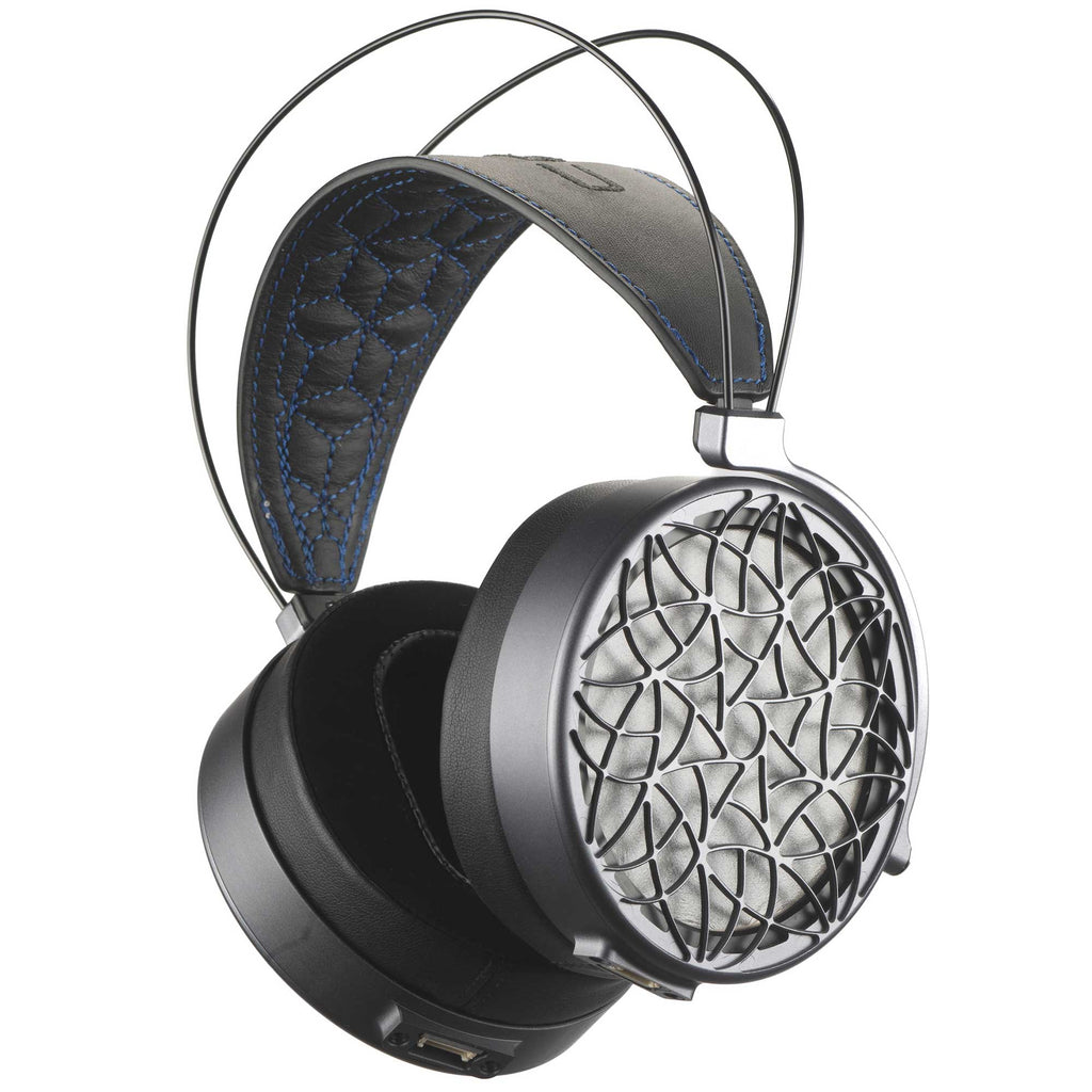 Dan Clark Audio Corina Reference Electrostatic Headphone showing open-back ear cups and stitched padded headband on white background