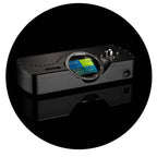 Chord DAVE DAC/Amp & Pre-Amplifier with circular touchscreen and control buttons on a black reflective surface