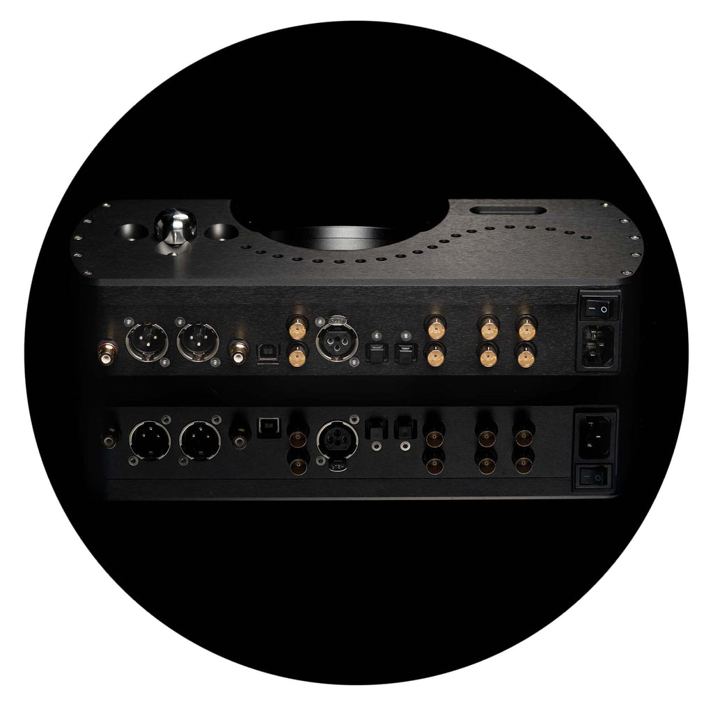 Chord DAVE DAC/Amp & Pre-Amplifier rear panel showing balanced, coaxial, and USB inputs with power switch on black background