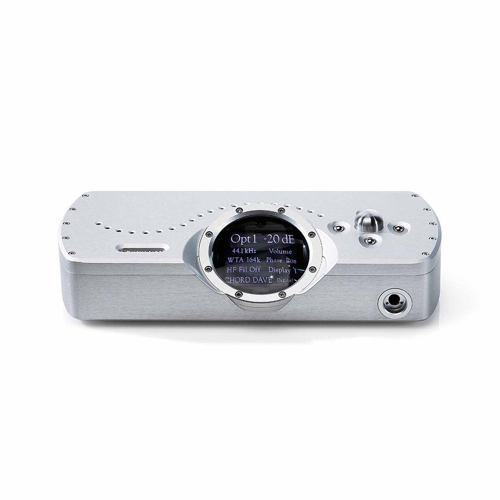 Front view of the Chord DAVE DAC/Amp & Pre-Amplifier with circular display and control buttons on silver casing