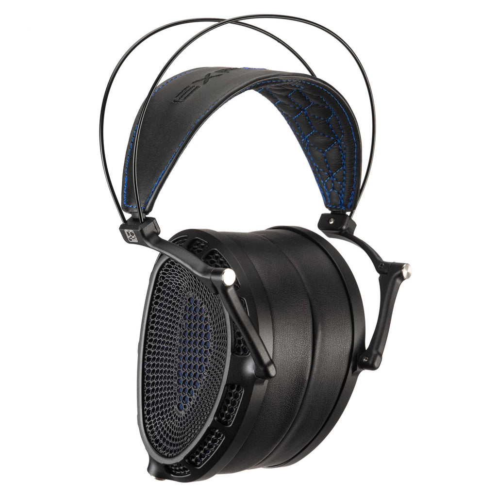 Dan Clark Audio Expanse open-back planar magnetic headphones with black ear cups and blue stitched headband on white background