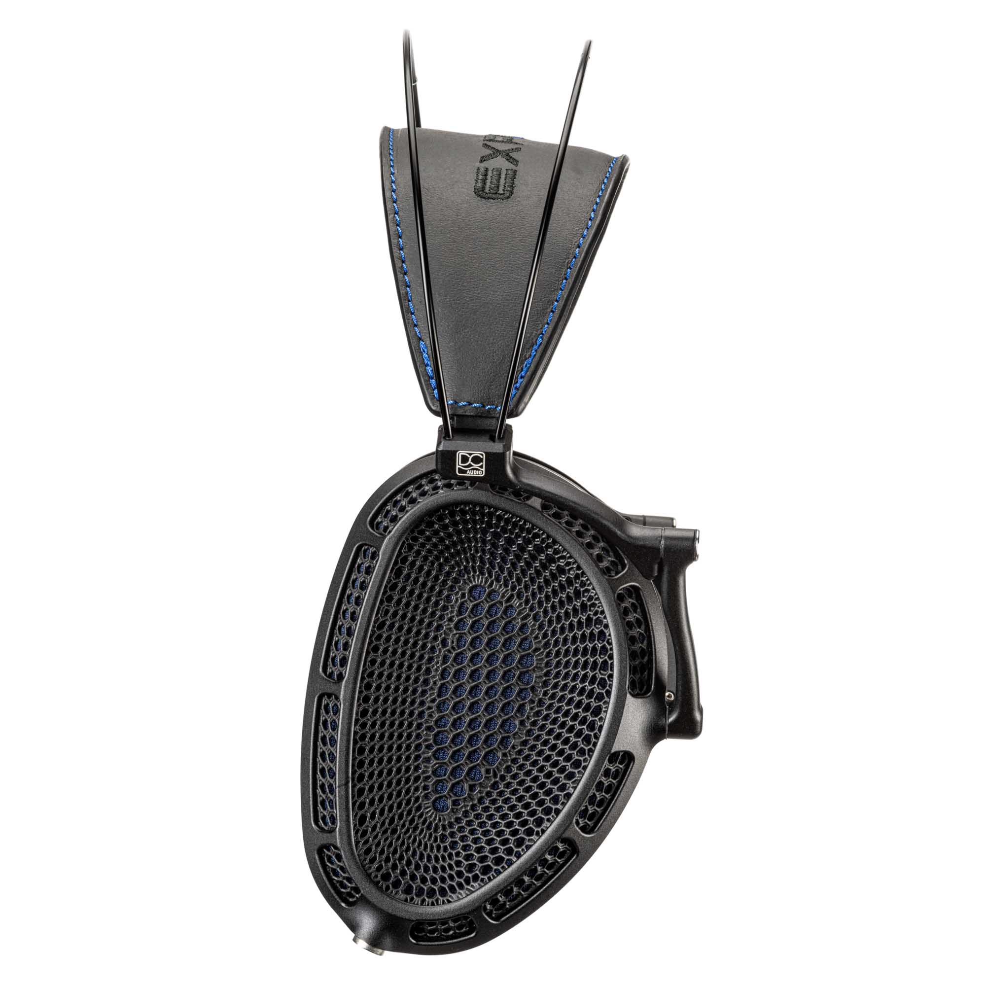 Close-up of Dan Clark Audio Expanse open-back ear cup showing black mesh driver and headband with blue stitching