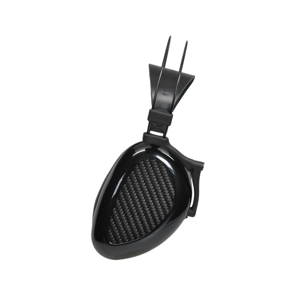 Close-up of the black carbon fiber ear cup and headband attachment of Dan Clark Audio AEON 2 Noire headphone