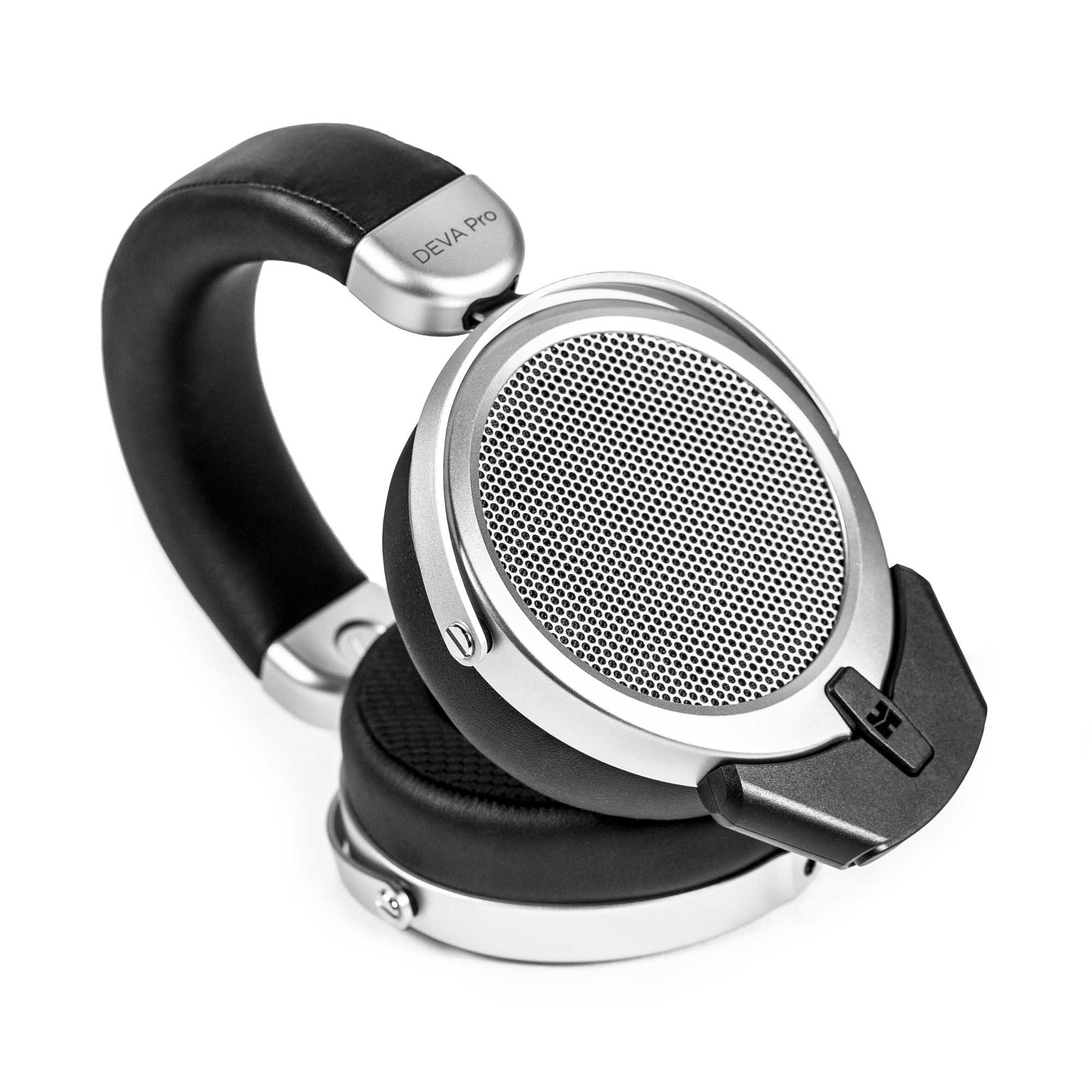 Close-up of HIFIMAN Deva Pro Open-Back wireless planar magnetic headphones with silver mesh and padded ear cups on white background
