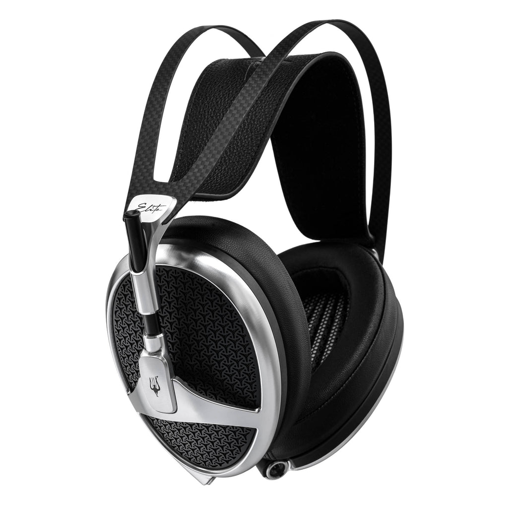 Meze Elite open-back planar magnetic headphones with silver frame and black padded ear cups on white background