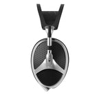 Close-up of Meze Elite open back planar magnetic headphone ear cup with black and silver design on white background