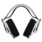 Top view of Meze Elite open-back planar magnetic headphones with black ear pads and silver frame on white background