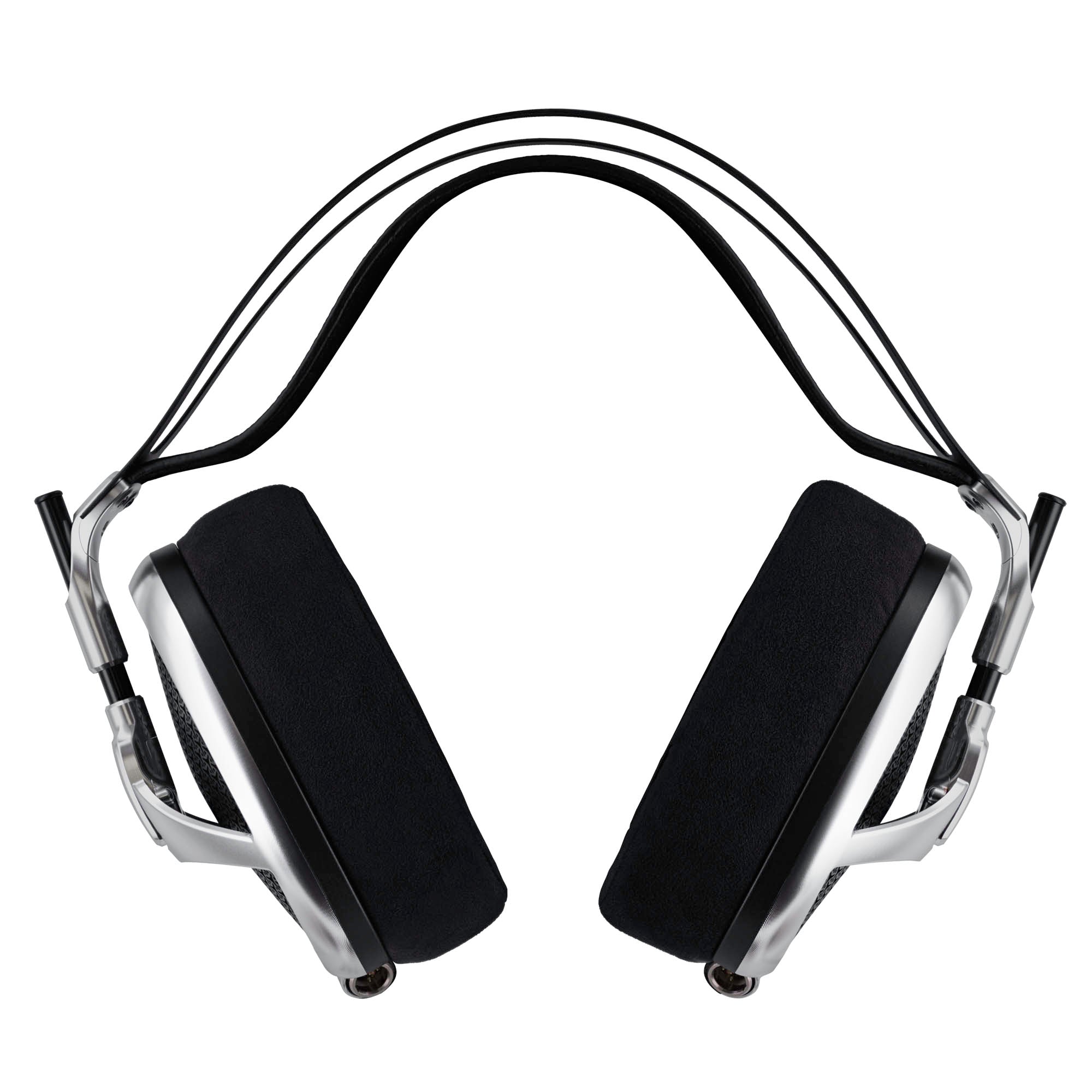 Top view of Meze Elite open-back planar magnetic headphones with black ear pads and silver frame on white background