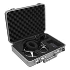 Open case with Meze Elite headphones and cable nestled in custom foam insert for secure storage and transport