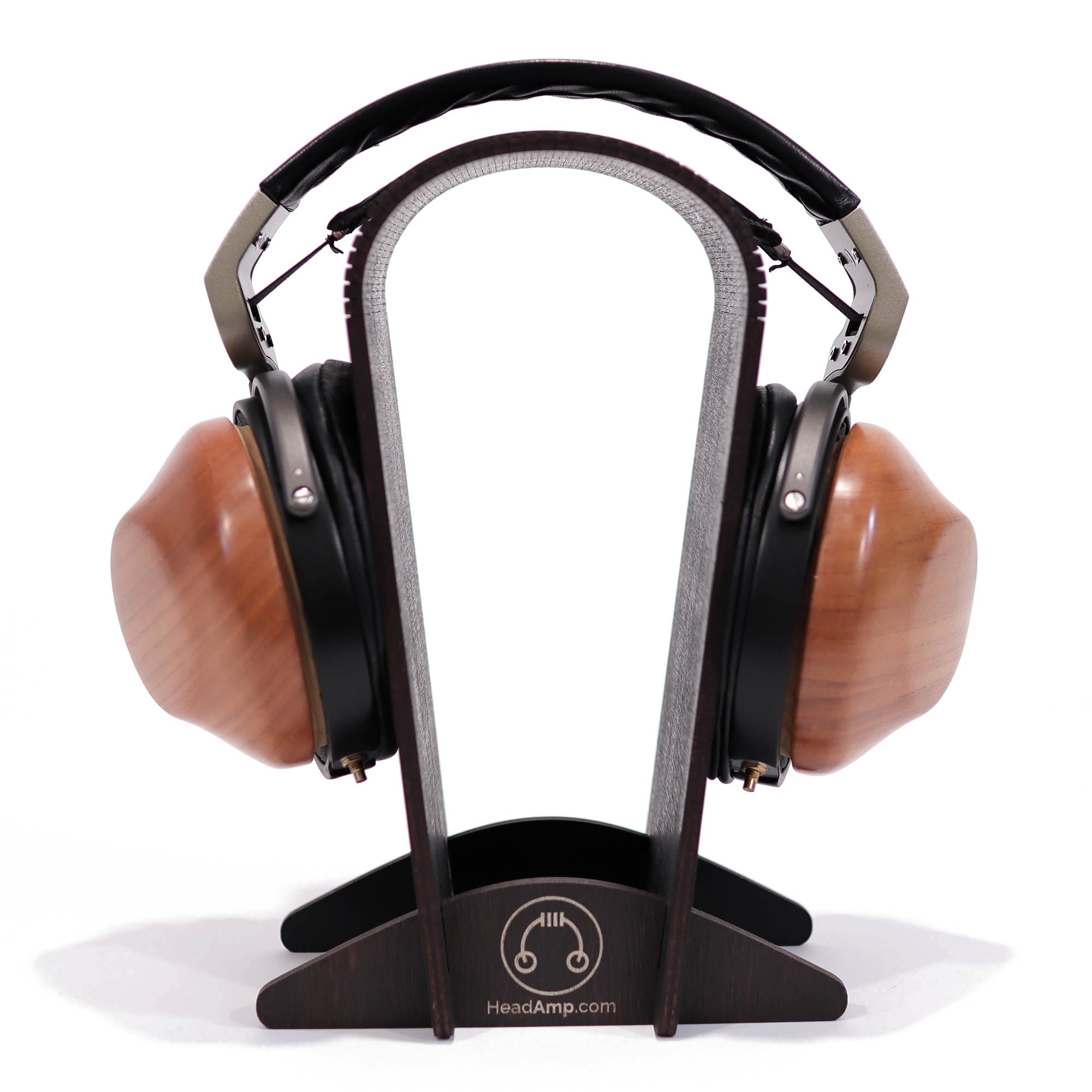 ES Lab ES-R10 Closed Back Dynamic Headphone with wooden ear cups on a black headphone stand against white background