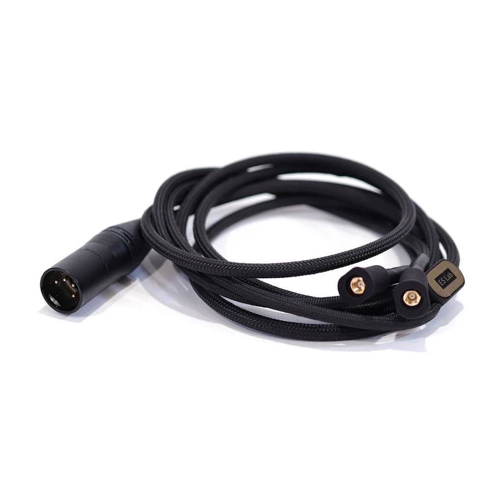 ES Lab ES-R10 Closed Back Dynamic Headphone replacement cable with black braided sheath and metal connectors on white background