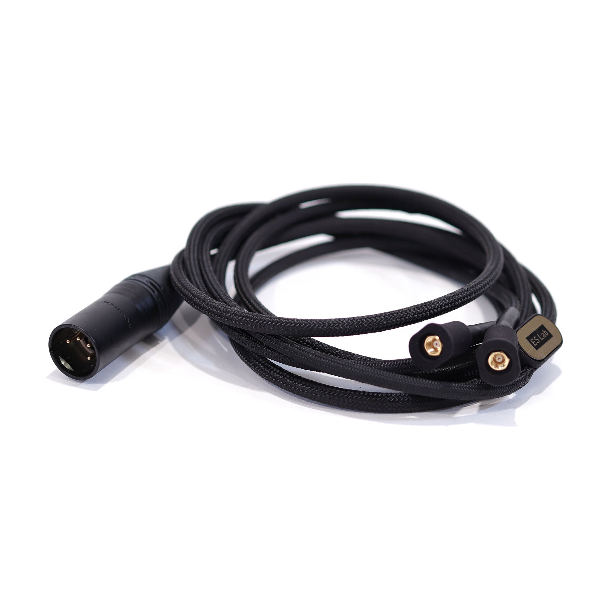 ES Lab ES-R10 Closed Back Dynamic Headphone replacement cable with black braided sheath and metal connectors on white background