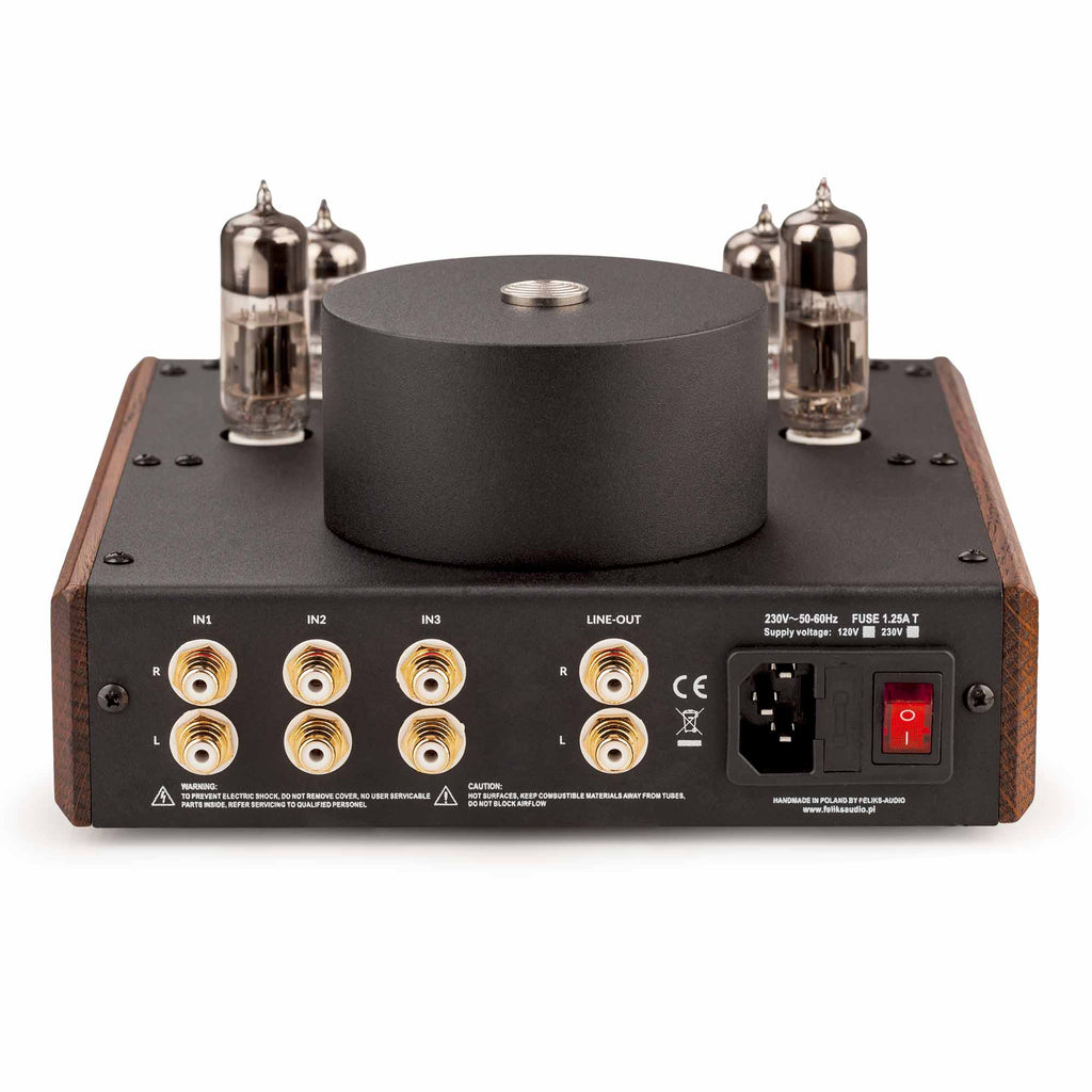 Rear view of Feliks Audio Echo 2 Tube Headphone Amplifier showing input/output ports and power switch with wood accents