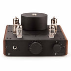 Feliks Audio Echo 2 Tube Headphone Amplifier with metal and wood finish showing glowing vacuum tubes and control knobs on white background