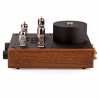 Side view of Feliks Audio Echo 2 Tube Headphone Amplifier showing wood finish and vacuum tubes on white background