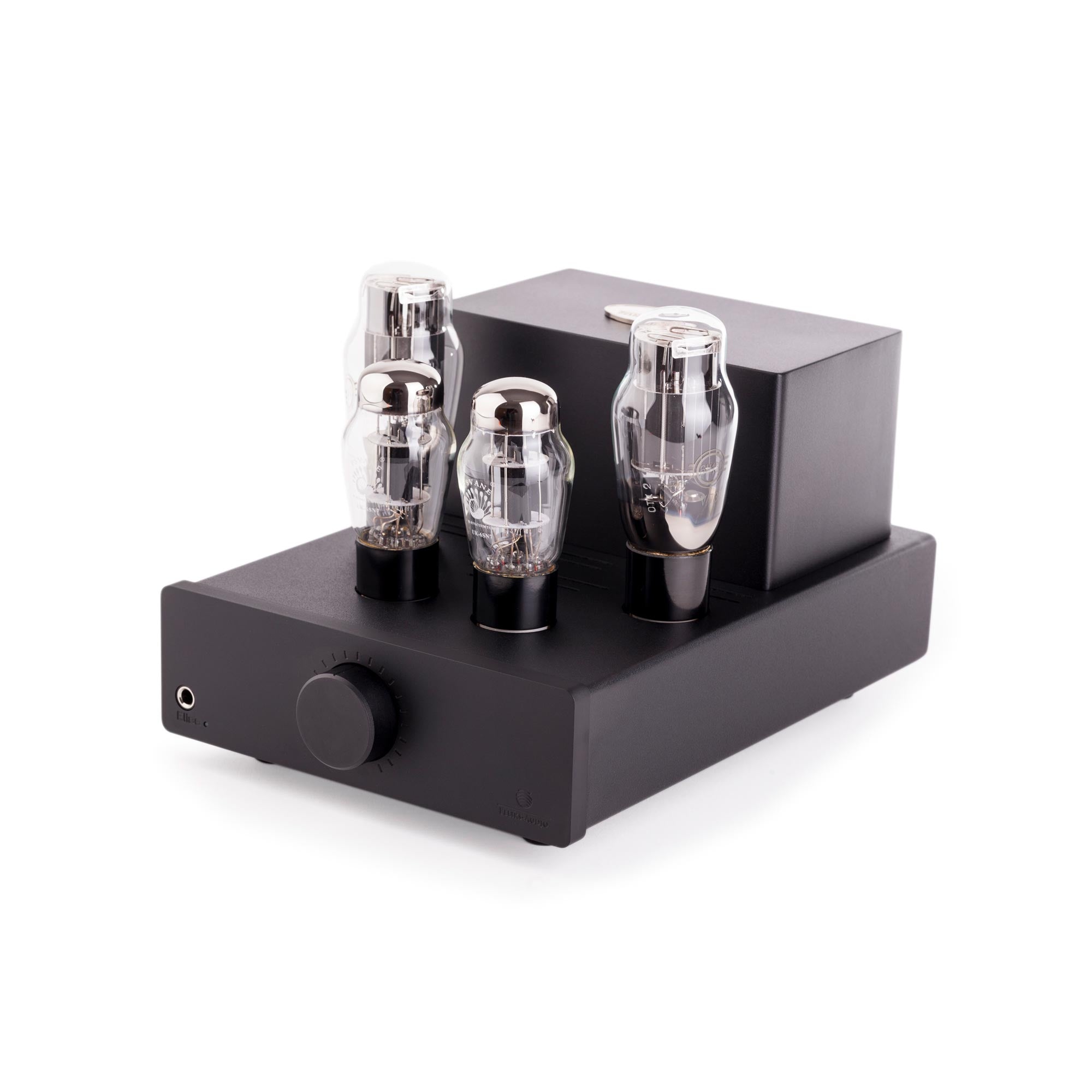 Feliks Audio Elise mk2 Tube Headphone Amplifier with four visible vacuum tubes and black metal chassis on white background