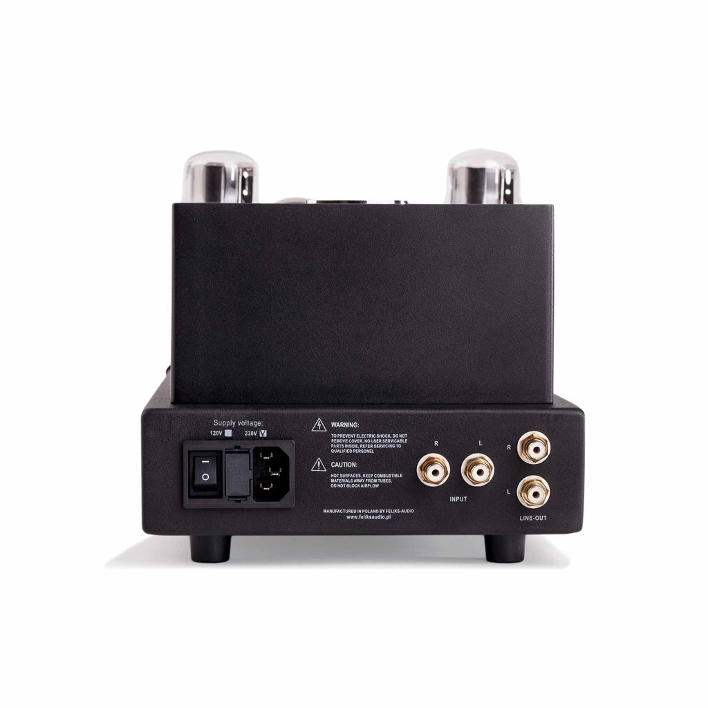 Rear view of the Feliks Audio Elise mk2 Tube Headphone Amplifier showing power input and RCA connectors on white background