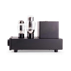 Side view of Feliks Audio Elise mk2 Tube Headphone Amplifier showing its vacuum tubes and black chassis on white background