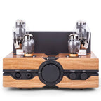 Front view of Feliks Audio Envy Tube Headphone Amplifier with wooden base and glowing vacuum tubes on white background